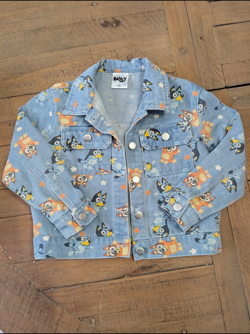 Blue Denim Kids Jacket with Cartoon Print - Bluey, 3T